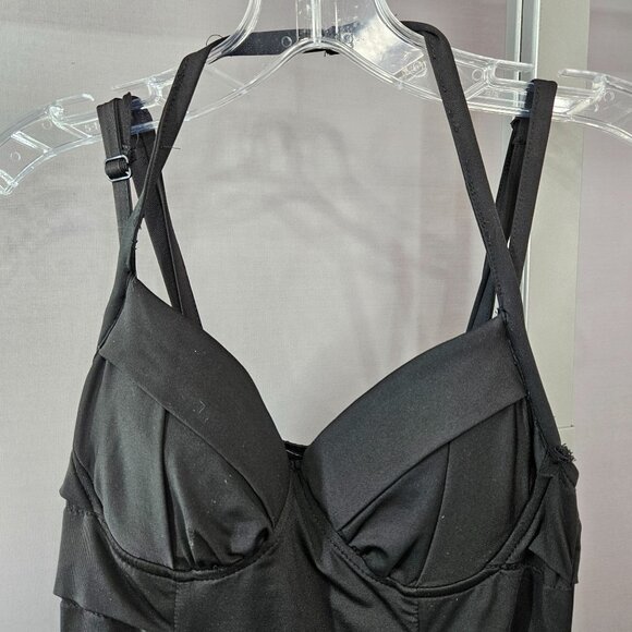 XXI Mini Body Con Dress M Black Layered Ruffle Adjust Shoulder Halter Padded Cup - Picture 2 of 12